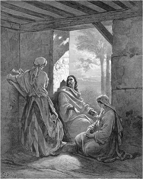 A Dore engraving of two figures at the mouth of a tomb