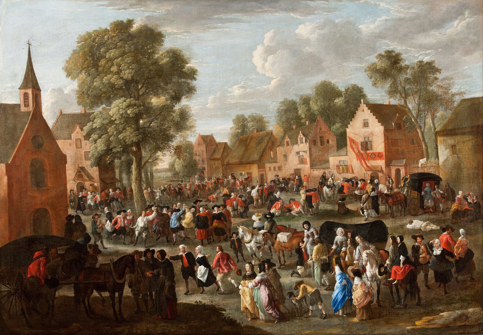 A Flemish painting of a village gathered outside a church