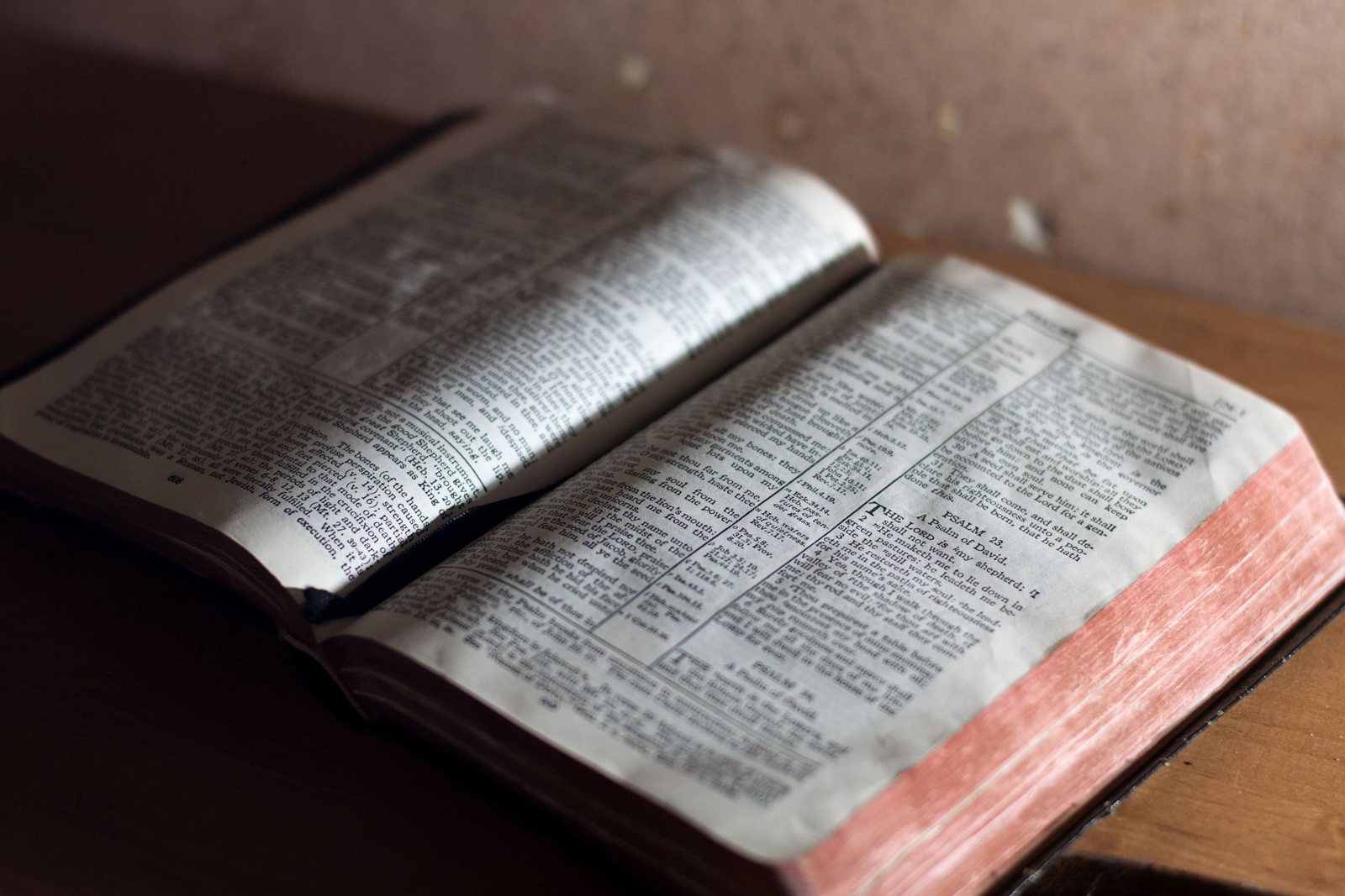 A well-worn open Bible