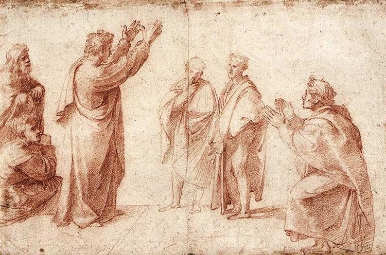 A red-chalk drawing of the apostles preaching